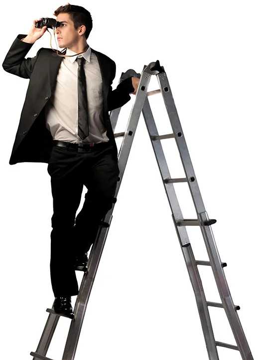 man with binoculars on a ladder